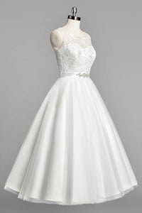 Scoop Neck Sleeveless A-Line Tulle Tea-Length Wedding Dress With Beaded Sash