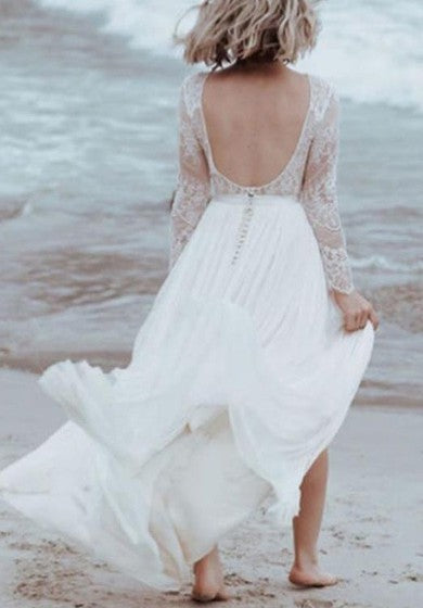 Simple A Line Bateau Tulle Lace Long-longitud de la manga larga Vestido de novia con delante dividido y pliegues