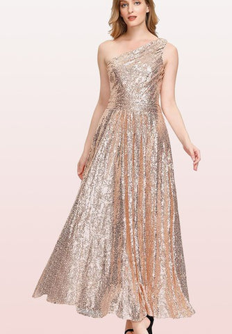 Vintage One-shoulder A Line Sleeveless Ankle-length Sequins Bridesmaid Dress With Ruching