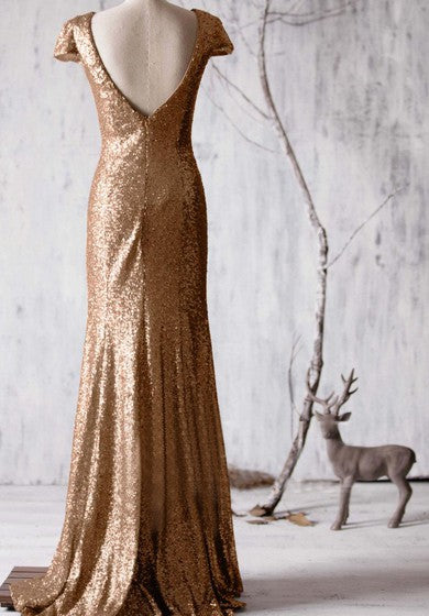 Dlouhé šaty mořská panna s flitry, krátkými rukávy a výstřihem do V zezadu Bateau