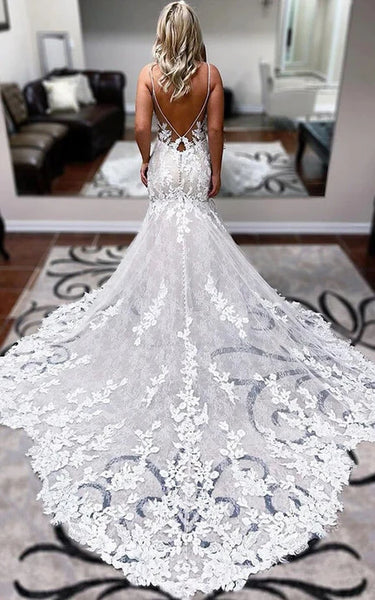 Spaghetti Mermaid Tulle Lace Applique Low-v Back Wedding Dress with Chapel Train