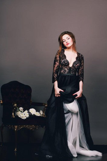 Sexy Black Lace Appliques Vestido de noche con cuello en V.