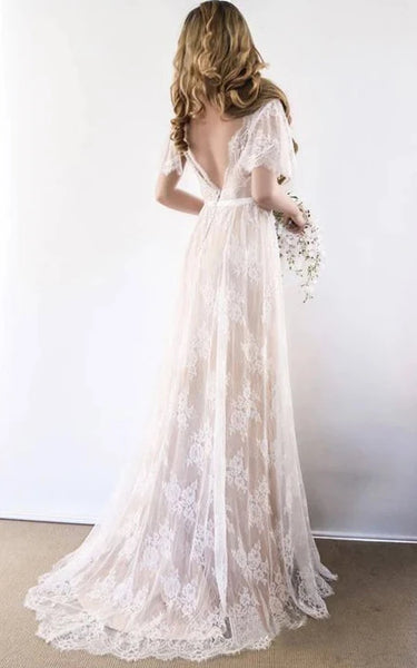 V-neck Short-sleeve Pleated Empire Lace Wedding Dress