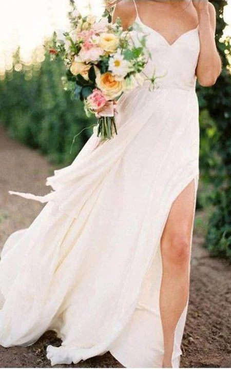 Spaghetti Front Split Chiffon Sexy Summer Wedding Dress