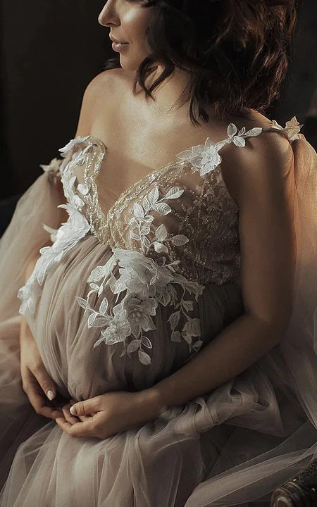 Maternity casual sin tirantes Tulle Empire Lace Vestido de novia con cuentas