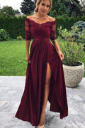 Knöchellanges A-Linien-Ballkleid aus Chiffon und Spitze im Vintage-Stil mit halben Ärmeln