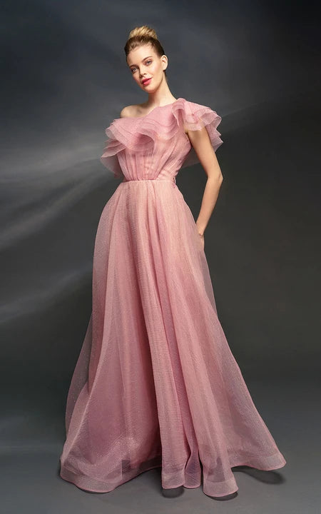 Asymetrické šaty s odhalenými rameny, áčkového střihu, z tylu s volány