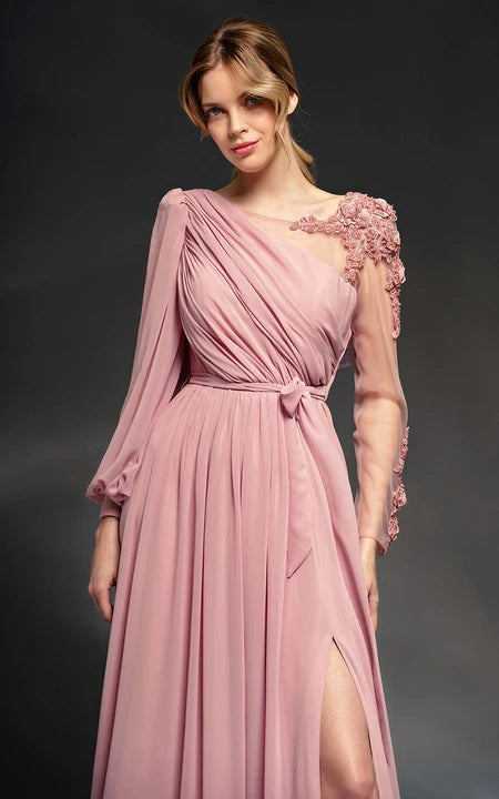 Asymetrické iluzorní šaty s dlouhým rukávem z šifónu s předním rozparkem a aplikací