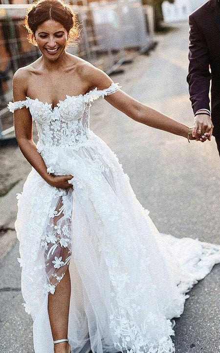 Off-the-shoulder Lace Empire Pleated Corset Back Wedding Dress