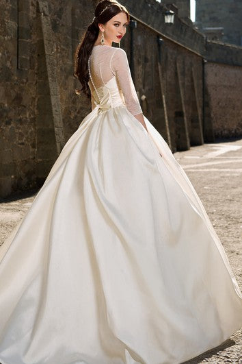 Ball Gown Long Jewel-Neck Illusion-Sleeve Illusion Satin Dress With Ruching And Beading