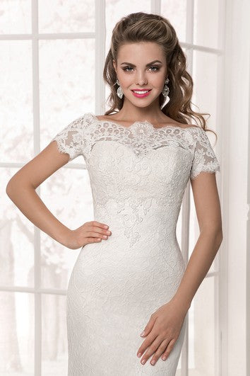 Floor Length Short Sleeve Lace Applique Sheath Dress