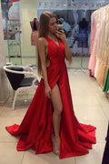 Sexy červené dlouhé plesové šaty s výstřihem do V, bez rukávů, s rozparkem vpředu