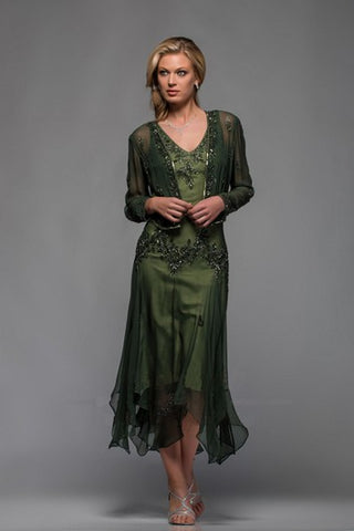 Casual Sheath V-neck Tea-length Mother of The Bride Dress with Illusion Bolero