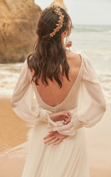 Boho V-Back Chiffon Illusion Long Sleeve Beach Wedding Dress with Beaded Top