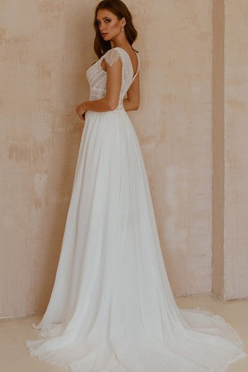 Bohemian V-neck Chiffon Lace A Line Short Sleeve Floor-length Sweep Train Wedding Dress