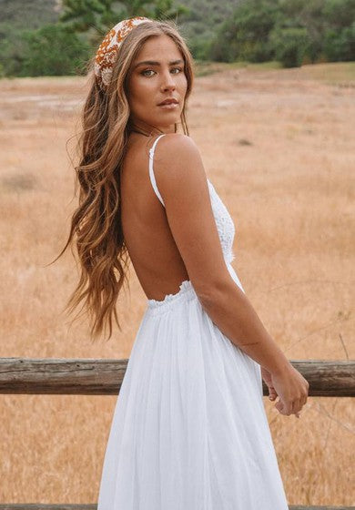 Sexy Spaghetti Chiffon Lace A abito da sposa senza maniche a pavimento in linea