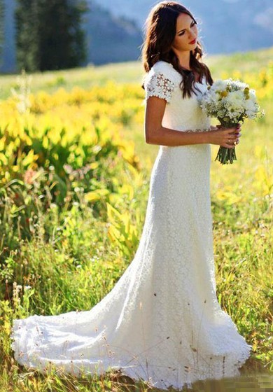 Vintage Country Modest Short-Sleeve Bohemian Sheath Lace Wedding Dress with Beaded Belt