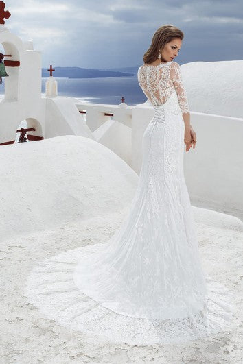 Bateau Neck 3-4 Length Sleeve Sheath Lace Wedding Dress With Beading