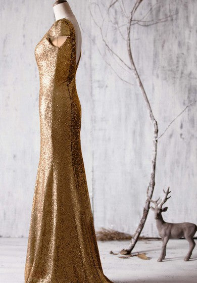 Dlouhé šaty mořská panna s flitry, krátkými rukávy a výstřihem do V zezadu Bateau