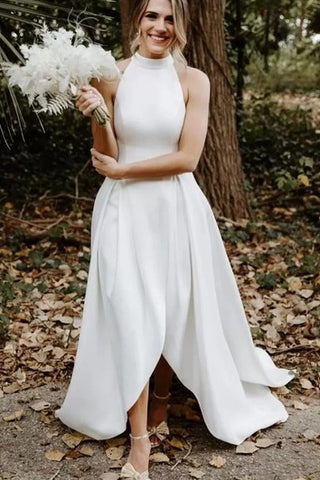 Bohemian Halter High Neck A Line High-Low Sleeveless Wedding Dress