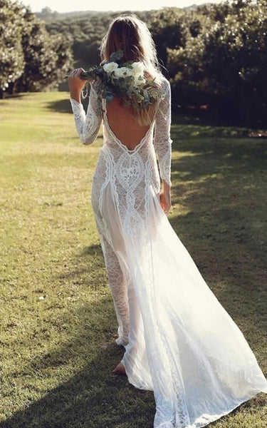 Boho Lace Front Split Long Sleeve Bateau-neck Keyhole Sheath Wedding Dress