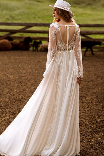 Bohemian A Line Tulle Floor-length Long Sleeve Open Back Wedding Dress with Ruching