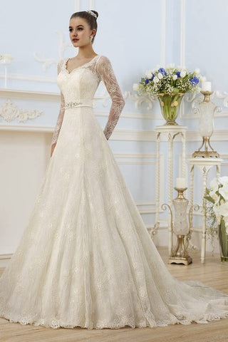 A-Line Floor-Length V-Neck Illusion-Sleeve Corset-Back Lace Dress With Appliques And Bow