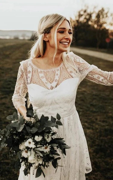 Boho Scoop-neck Lace Long Sleeve Empire Pleated Country Wedding Dress