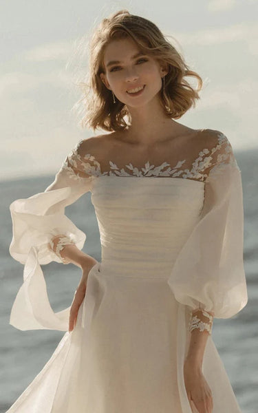 Puff 3-4-sleeve Scoop-neck Empire Ruched Chiffon Beach Wedding Dress with Bow