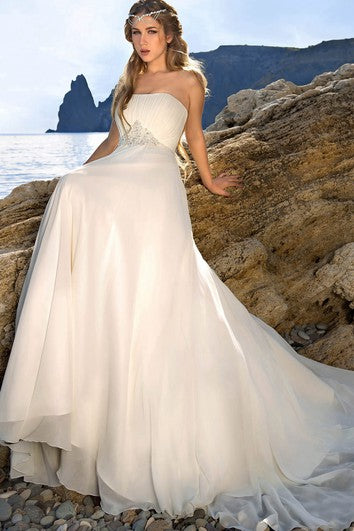 A-Line Floor-Length Strapless Sleeveless Backless Chiffon Dress With Waist Jewellery And Ruching