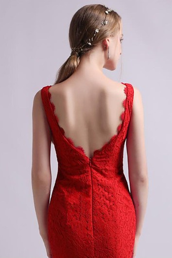 Jednoduché krajkové mořské šaty bez rukávů s vysokým a nízkým střihem a hlubokým výstřihem do V na zip na zádech