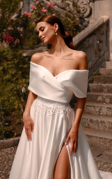 Elegant Off-the-shoulder Empire Satin Front Split Wedding Dress with Beaded Waist