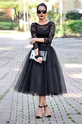 Sexy Black Lace 3-4 Sleeve Prom Dresses Tulle Tea-Length