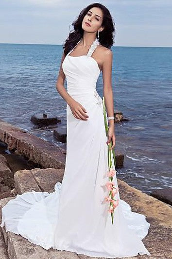 sheath Halter Court Train Chiffon Wedding Dress