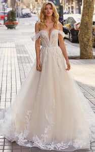 Fairytale Off-the-shoulder Notched A-line Tulle Ball Gown Wedding Dress with Corset Back