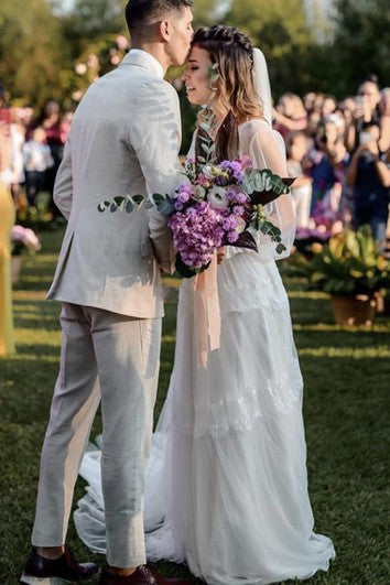 Tulle Floor-length Chapel Train A Line Long Sleeve Modest Ethereal Wedding Dress