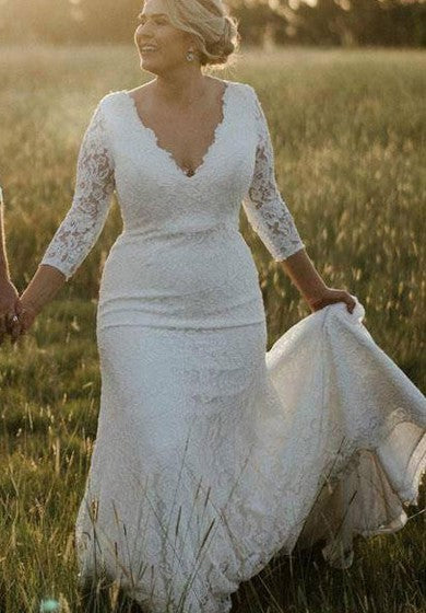 Modest Mermaid V-neck Lace Floor-length Court Train Zipper Wedding Dress