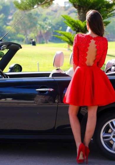 Modern Half-sleeve Red Short Homecoming Dress With Lace