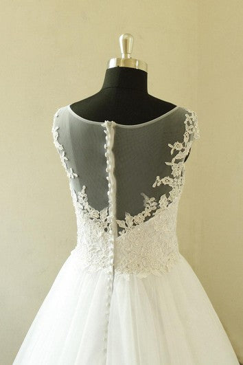 Cap Sleeve A-Line Tulle Dress With Lace Bodice and Illusion Back