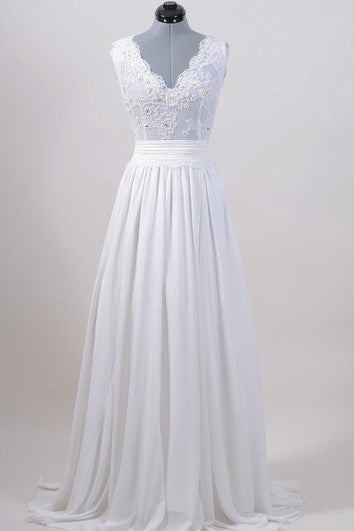 A-Line Sleeveless V-Neck Chiffon Dress With Lace Bodice and Cinched Waistband