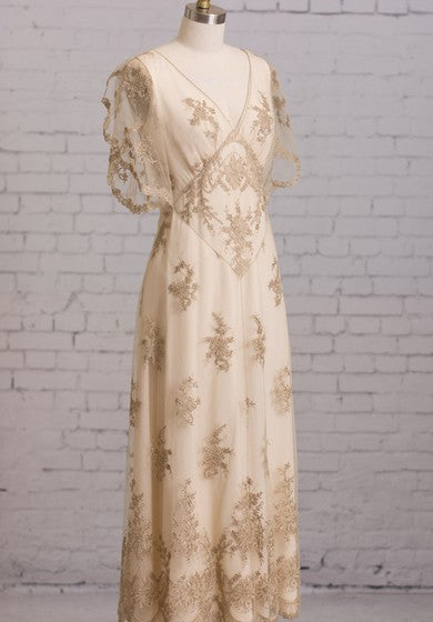 Sheath With Illusion Butterfly Sleeves V Back Goldline Embroidery Brush Train Dress