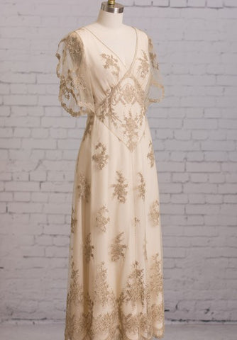 Sheath With Illusion Butterfly Sleeves V Back Goldline Embroidery Brush Train Dress