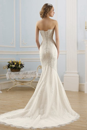 Mermaid Long Strapless Sleeveless Corset-Back Lace Tulle Dress With Appliques And Beading