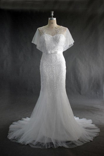 Vestito di sirena di tulle abbellita in pizzo con illusione