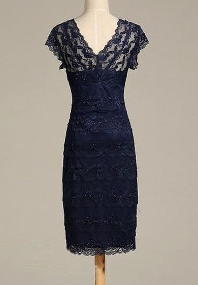 V Neck Cap Sleeve Sheath Lace Midi Dress With V Back