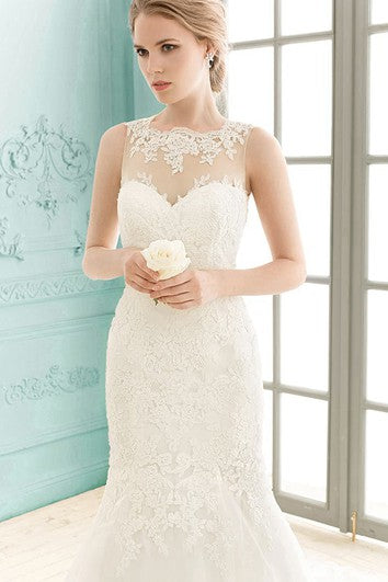 Bateau Sleeveless Floor-length Lace Illusion Back Mermaid Dress