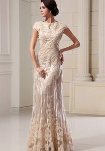 Romantic High-Neck Column Maxi Dress With Lace Appliques