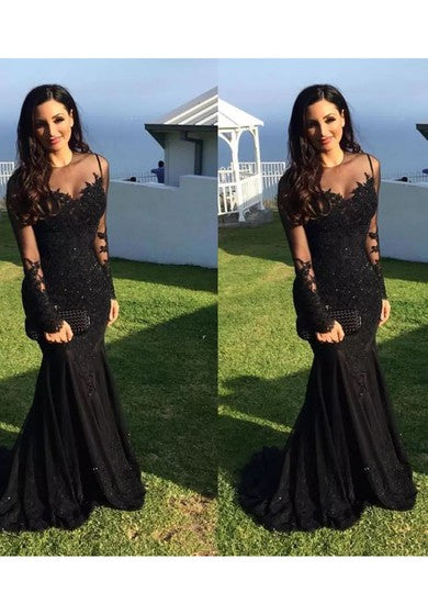 High Neck Mermaid Floor-length Sweep Brush Train Long Sleeve Lace Evening Dress with Zipper Back