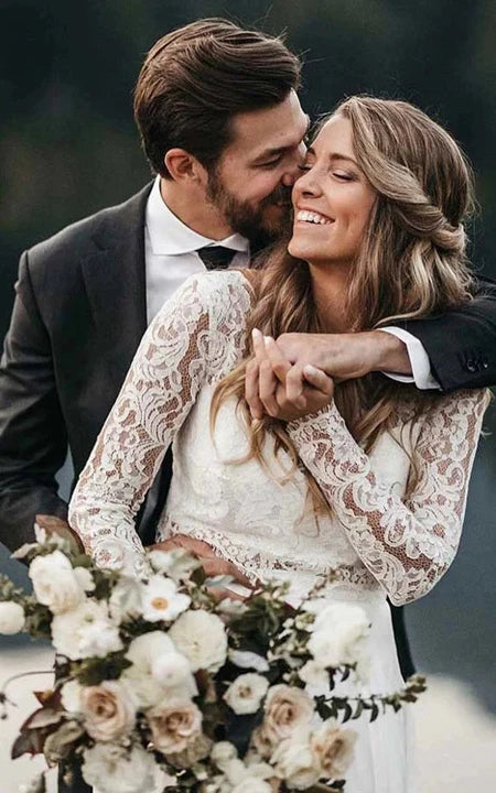 Zweiteiliges Chiffon-Brautkleid mit Spitzenärmeln und U-Ausschnitt