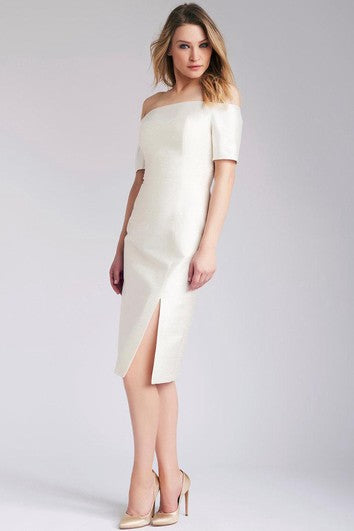 Off-The-Shoulder Short Sleeve Sheath Tea Length Dress With Front Slit